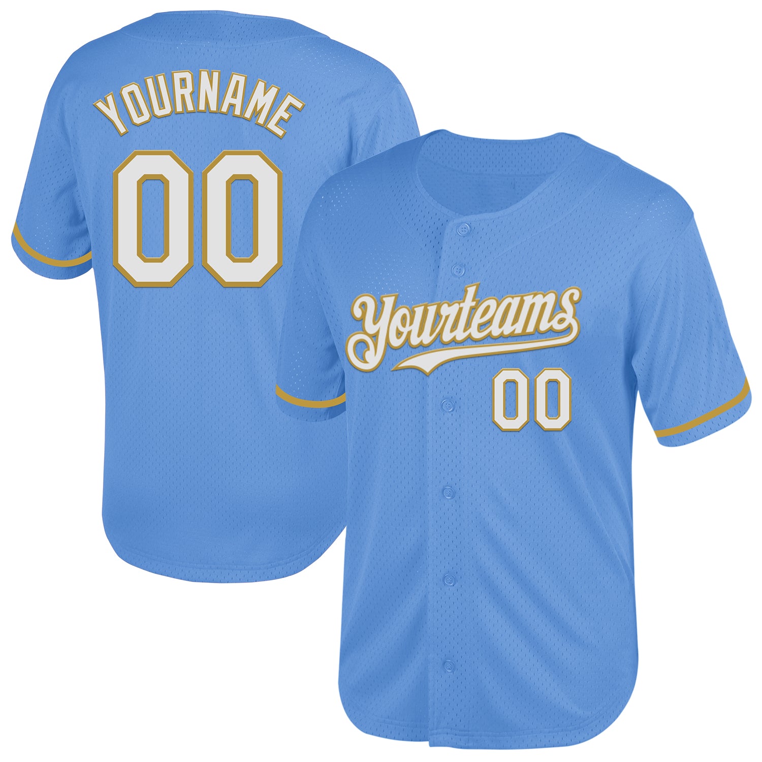 Customizable Light Blue White Old Gold Mesh Baseball Jersey with Personalized Name and Number - Authentic Throwback Style