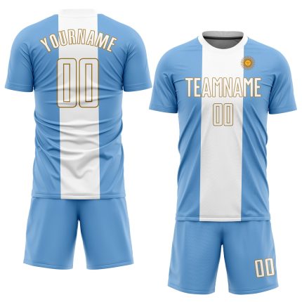 Custom Argentinian Flag Soccer Jersey with Personalized Name and Number - Light Blue White Old Gold Sublimation Uniform Personalized