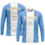 Custom Argentinian Flag Soccer Jersey with Personalized Name and Number - Light Blue White Old Gold Sublimation Uniform Personalized