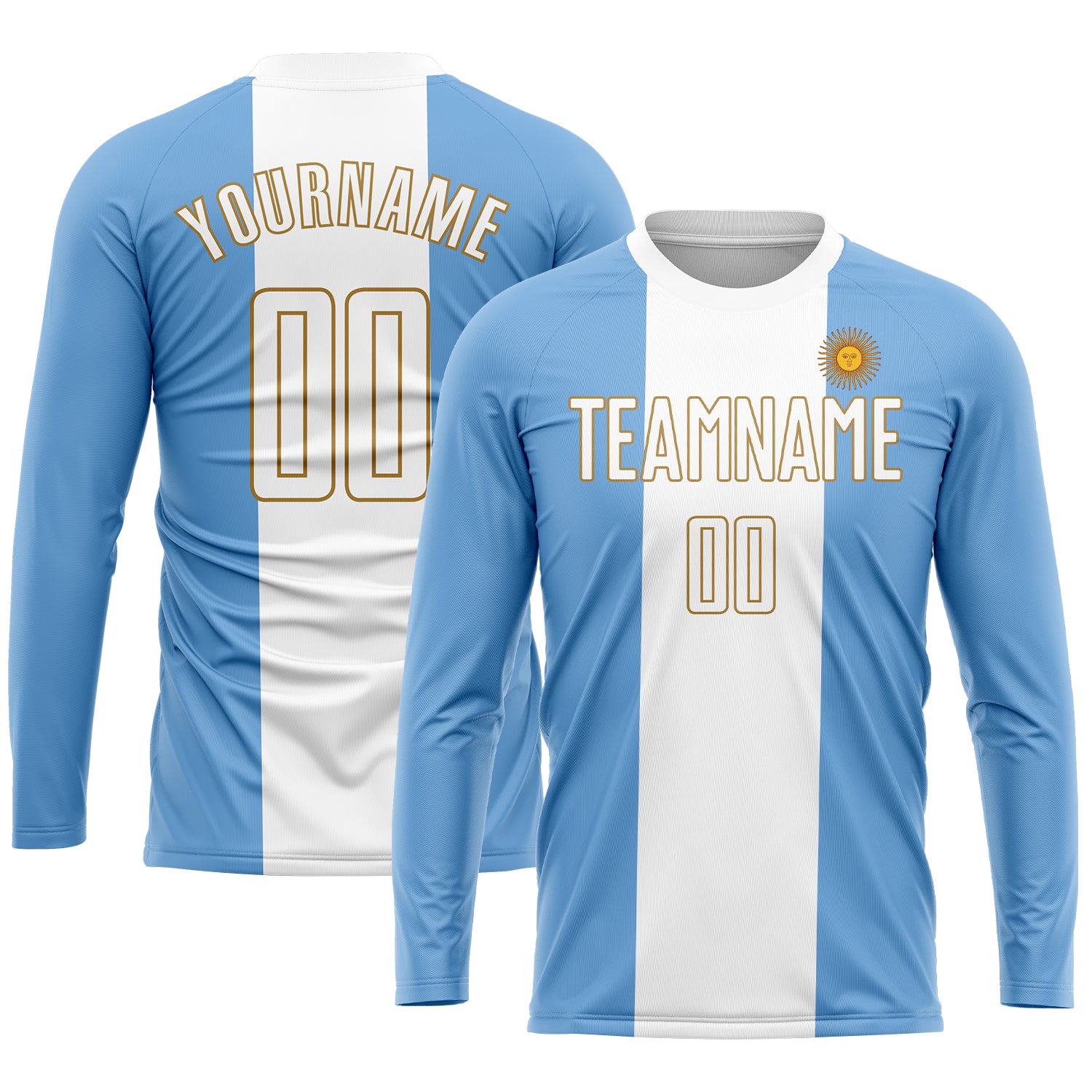 Personalized Light Blue White-Old Gold Sublimation Argentinian Flag Soccer Uniform Jersey Team Custom Name and Number Custom Argentinian Flag Soccer Jersey with Personalized Name and Number - Light Blue White Old Gold Sublimation Uniform Personalized - Image 3