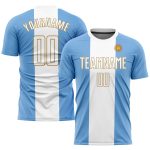 Custom Argentinian Flag Soccer Jersey with Personalized Name and Number - Light Blue White Old Gold Sublimation Uniform Personalized