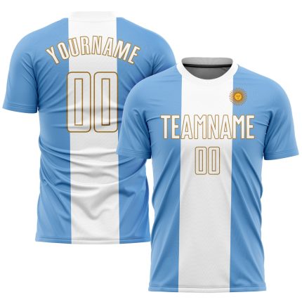 Custom Argentinian Flag Soccer Jersey with Personalized Name and Number - Light Blue White Old Gold Sublimation Uniform Personalized