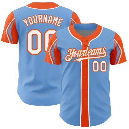 Custom Baseball Jersey with Personalized Name and Number - Light Blue, White, Orange - 3 Color Arm Shapes Personalized Light