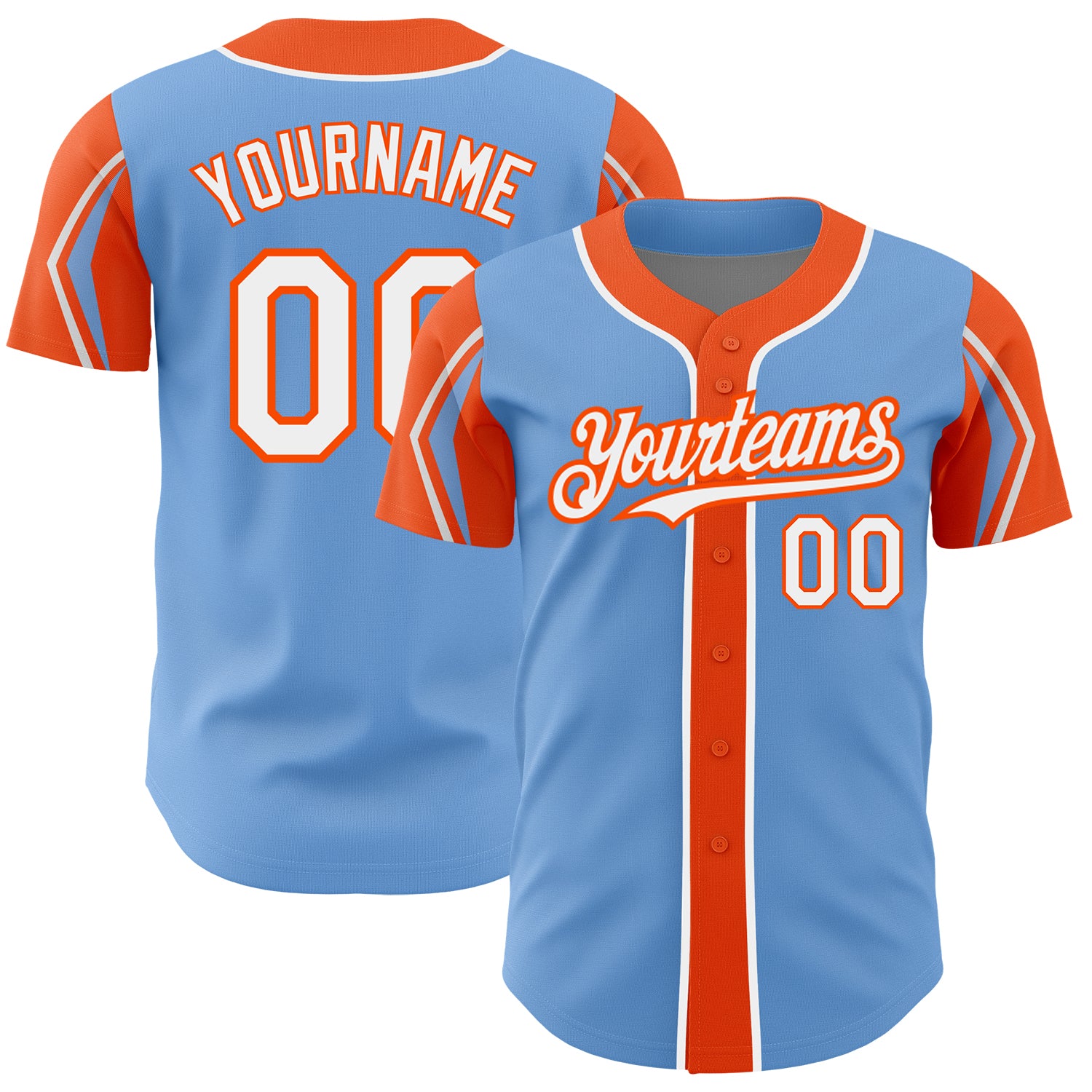 Custom Baseball Jersey with Personalized Name and Number - Light Blue, White, Orange - 3 Color Arm Shapes Personalized Light