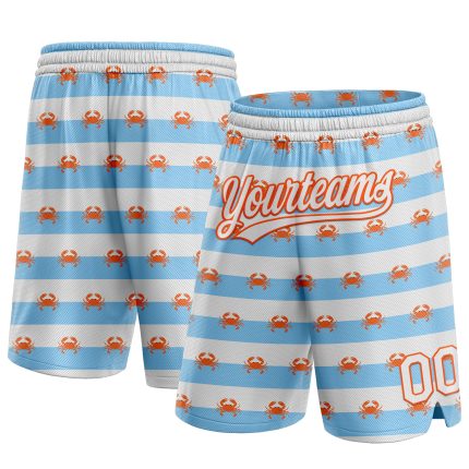 Custom Name Number 3D Pattern Crabs Basketball Shorts Light Blue with White-Orange Design Authentic Team Apparel Personalized