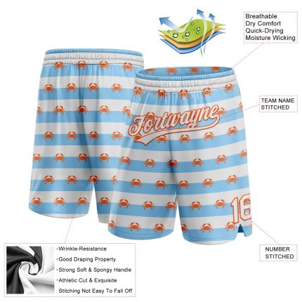 Custom Name Number 3D Pattern Crabs Basketball Shorts Light Blue with White-Orange Design Authentic Team Apparel Personalized