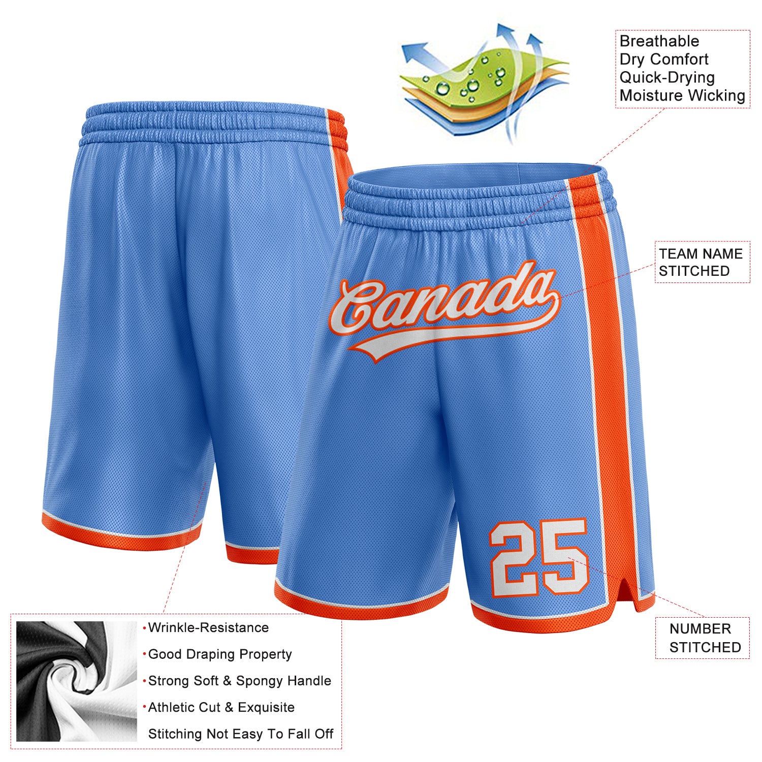 Personalized Light Blue White-Orange Authentic Basketball Shorts Team Custom Name and Number Custom Name Number Personalized Basketball Shorts Light Blue White Orange Authentic Personalized Light Blue White-Orange - Image 2