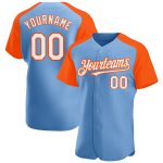Custom Name and Number Light Blue White Orange Baseball Jersey - Personalized Authentic Raglan Sleeves Team Apparel Personalized