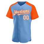 Custom Name and Number Light Blue White Orange Baseball Jersey - Personalized Authentic Raglan Sleeves Team Apparel Personalized