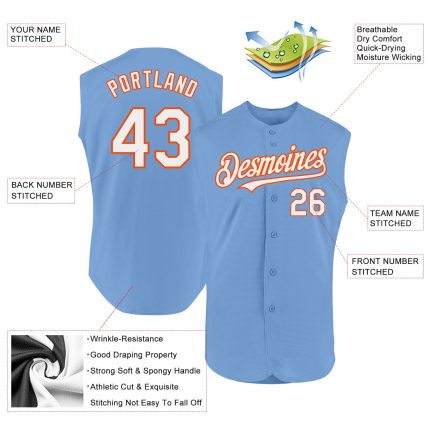 Custom Light Blue Orange White Sleeveless Baseball Jersey with Personalized Name and Number - Authentic Team Apparel Personalized