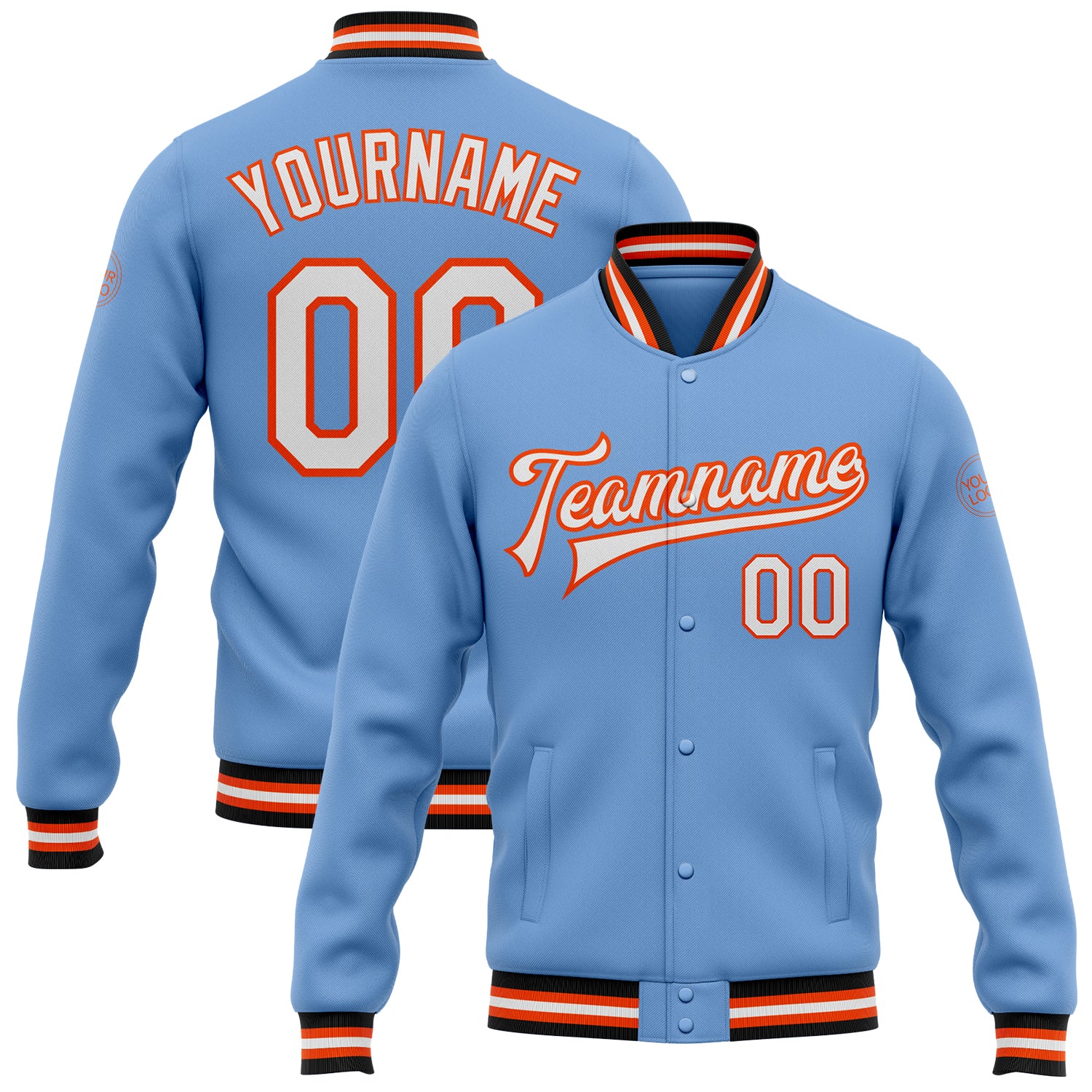Custom Name Number Varsity Letterman Jacket Light Blue Orange Black Bomber Full-Snap - Personalized Team Apparel Personalized