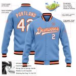 Custom Name Number Varsity Letterman Jacket Light Blue Orange Black Bomber Full-Snap - Personalized Team Apparel Personalized