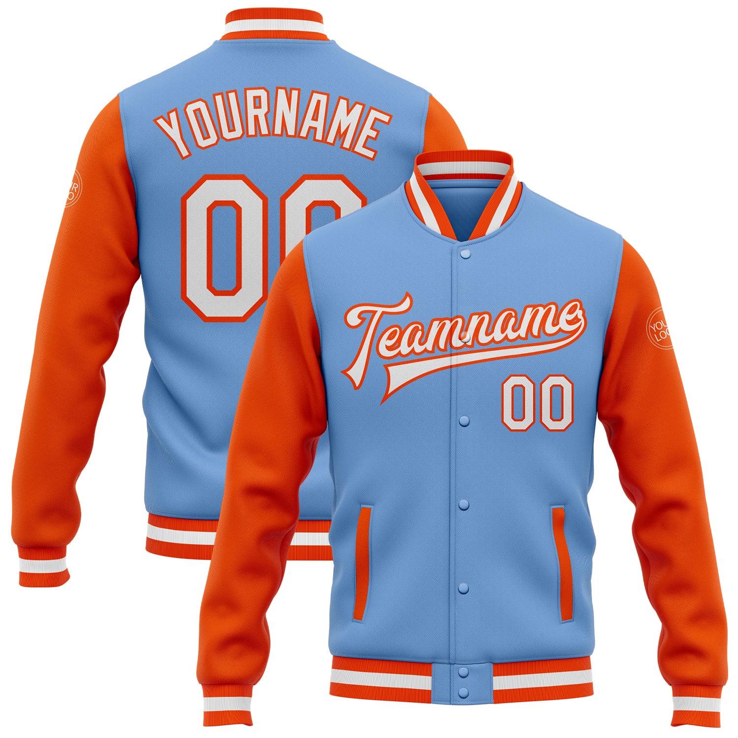 Custom Team Name and Number Light Blue White-Orange Two Tone Bomber Full-Snap Varsity Letterman Jacket Personalized Light