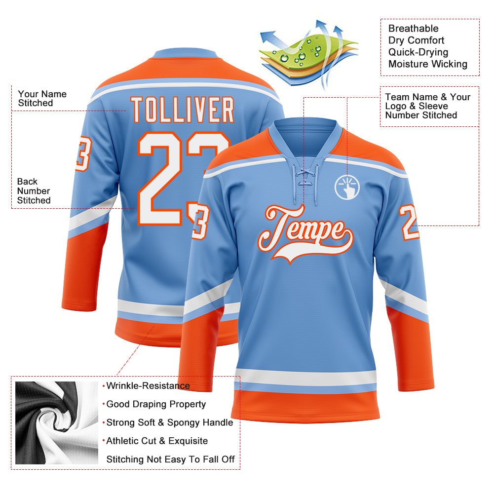 Personalized Light Blue White-Orange Hockey Lace Neck Jersey Team Custom Name and Number Custom Name Number Personalized Light Blue Hockey Jersey with Orange Lace - Team Neck Design Personalized Light Blue White-Orange - Image 3