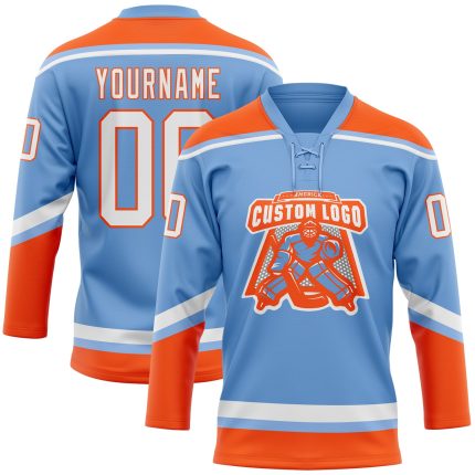 Custom Name Number Personalized Light Blue Hockey Jersey with Orange Lace - Team Neck Design Personalized Light Blue White-Orange