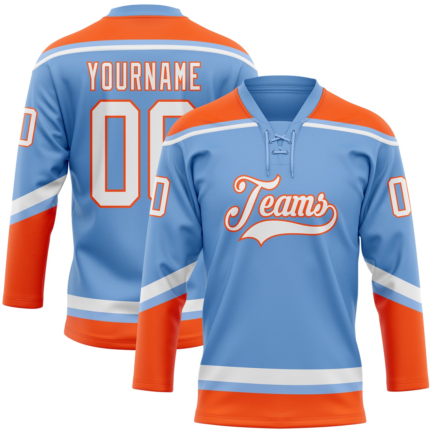Custom Name Number Personalized Light Blue Hockey Jersey with Orange Lace - Team Neck Design Personalized Light Blue White-Orange