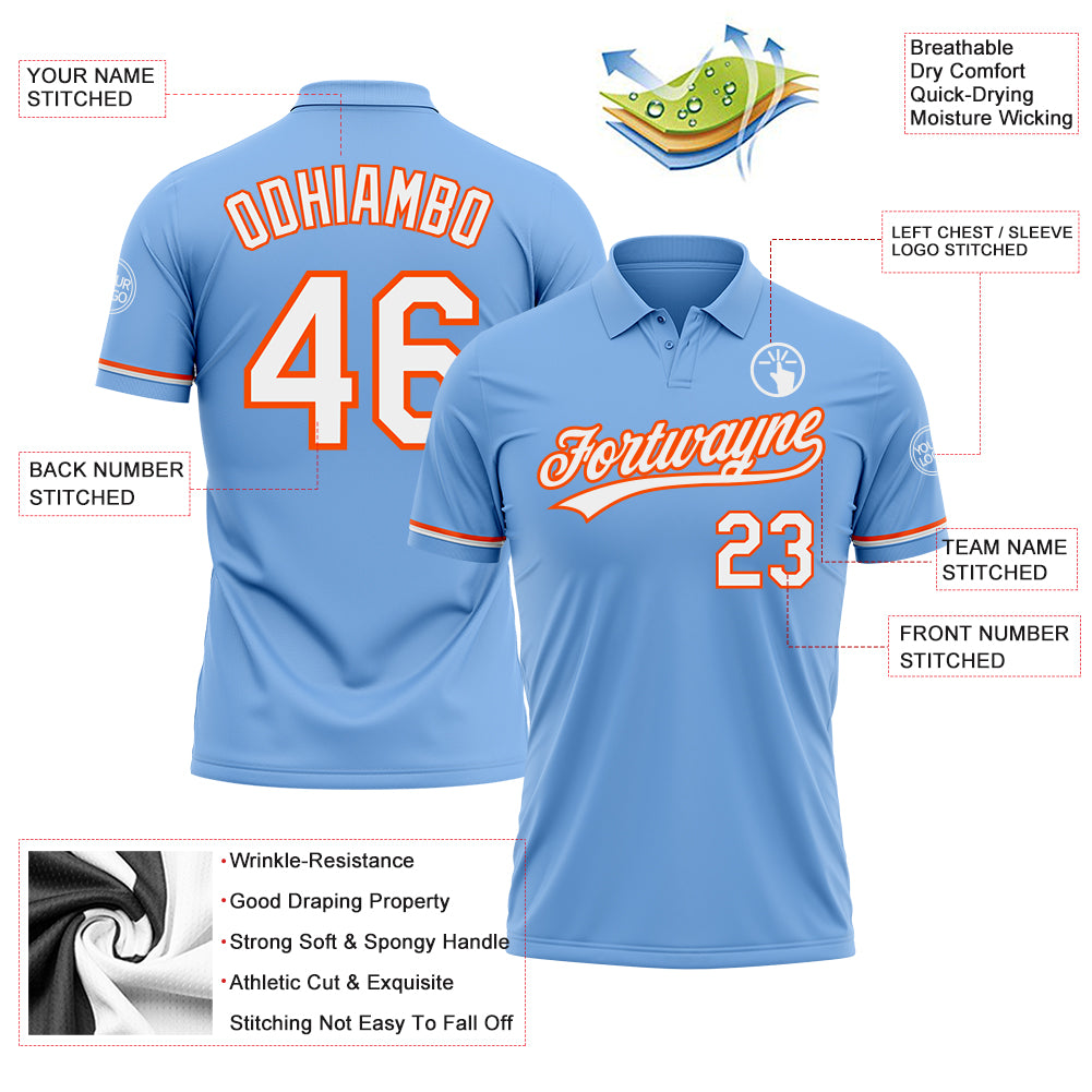 Personalized Light Blue White-Orange Performance Vapor Golf Polo Shirt Team Custom Name and Number Custom Name Number Performance Vapor Golf Polo Shirt - Light Blue White-Orange Team Apparel Personalized Light Blue White-Orange - Image 3