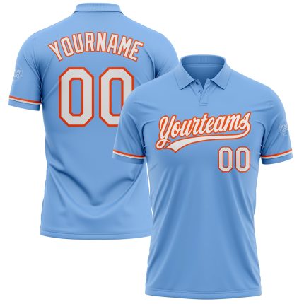 Custom Name Number Performance Vapor Golf Polo Shirt - Light Blue White-Orange Team Apparel Personalized Light Blue White-Orange
