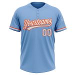 Custom Name and Number Light Blue White-Orange Unisex Softball Jersey, Personalized Two-Button Team Jersey Personalized Light