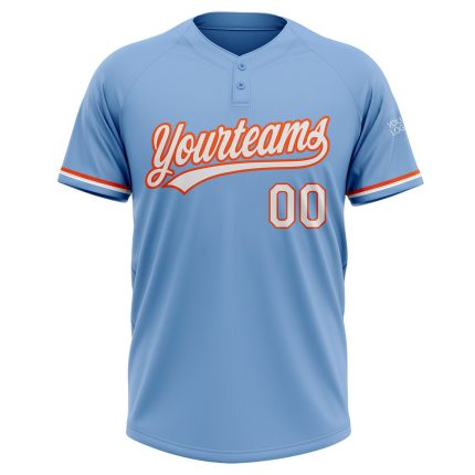 Custom Name and Number Light Blue White-Orange Unisex Softball Jersey, Personalized Two-Button Team Jersey Personalized Light