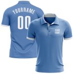 Custom Team Name Number Light Blue Performance Polo Shirt for Golf - Personalized Golf Apparel Personalized Light Blue White