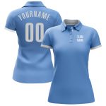 Custom Team Name Number Light Blue Performance Polo Shirt for Golf - Personalized Golf Apparel Personalized Light Blue White