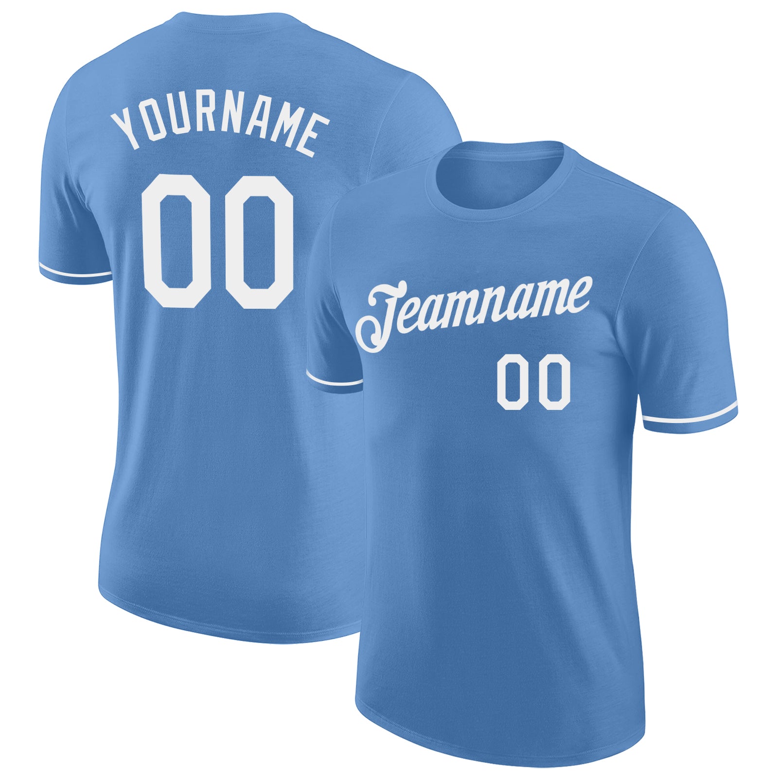 Custom Team Name and Number Light Blue White Performance T-Shirt - Personalized Sportswear Personalized Light Blue White
