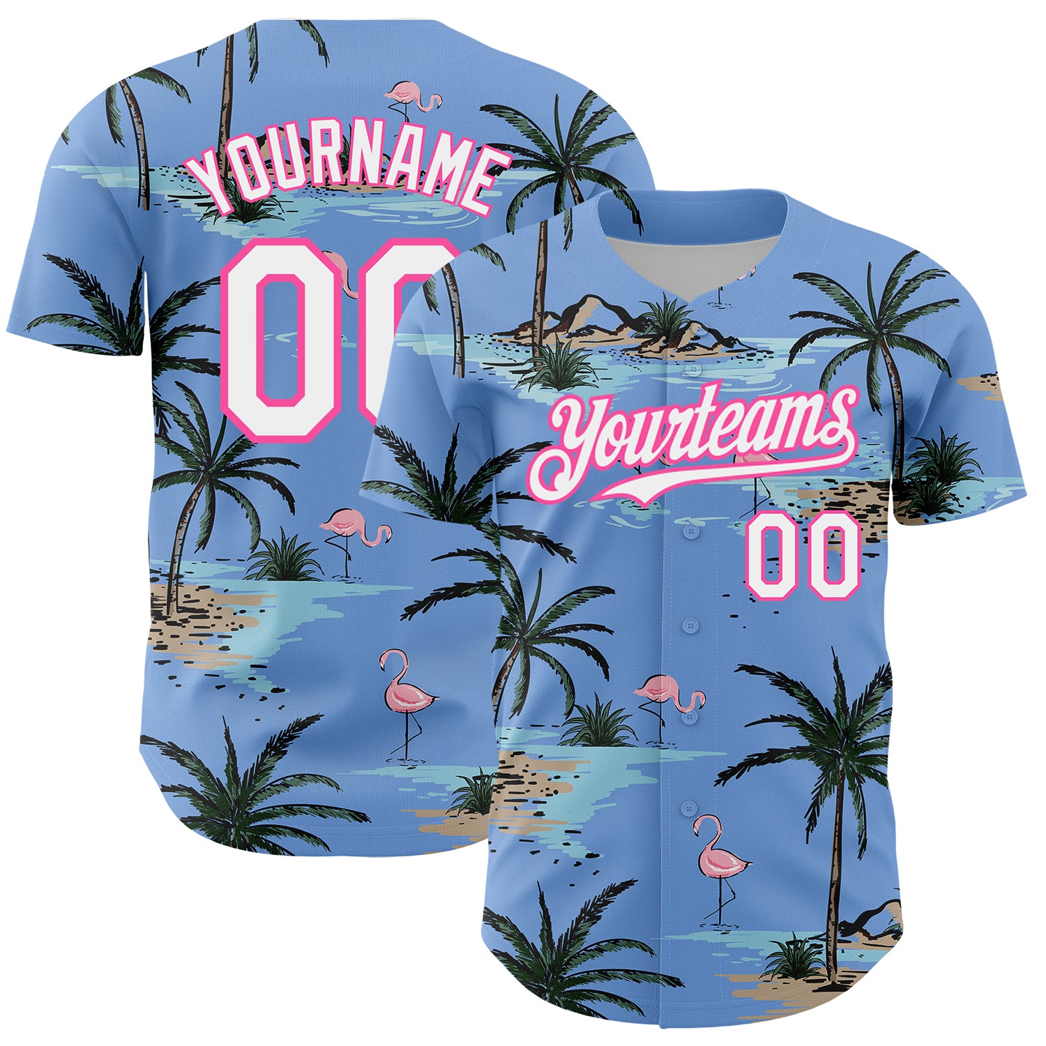 Custom Name and Number Tropical Hawaii Palm Trees 3D Pattern Baseball Jersey Light Blue White Pink Personalized Light Blue