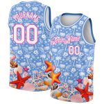 Personalized Hawaii Palm Trees Starfishes Basketball Jersey Light Blue White-Pink Custom Name and Number Personalized Light