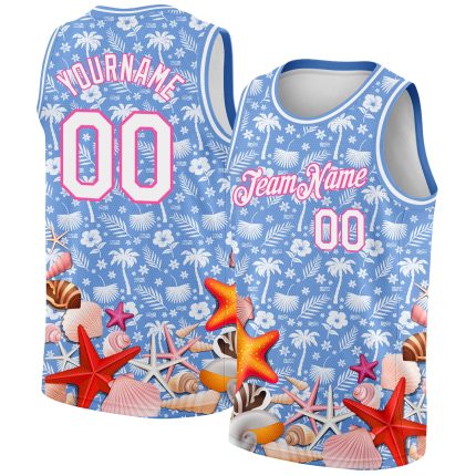 Personalized Hawaii Palm Trees Starfishes Basketball Jersey Light Blue White-Pink Custom Name and Number Personalized Light