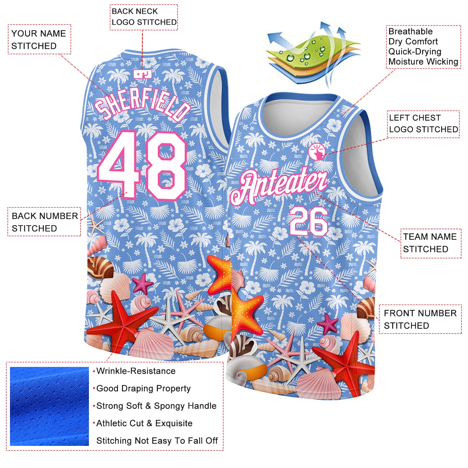 Personalized Light Blue White-Pink 3D Pattern Hawaii Palm Trees And Starfishes Authentic Basketball Jersey Team Custom Name and Number Personalized Hawaii Palm Trees Starfishes Basketball Jersey Light Blue White-Pink Custom Name and Number Personalized Light - Image 2