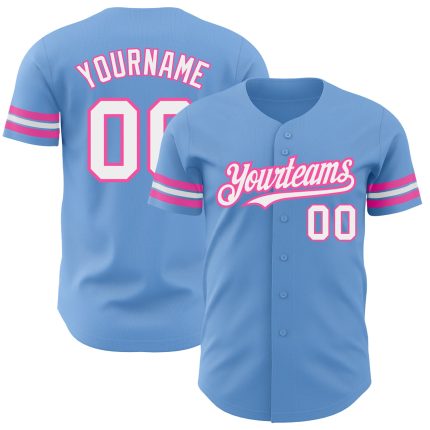 Personalized Light Blue Baseball Jersey with White-Pink Accents - Authentic Personalized Light Blue White-Pink Authentic