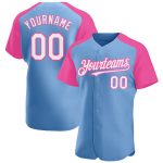 Custom Name and Number Personalized Light Blue Pink White Baseball Jersey Raglan Sleeves Personalized Light Blue White-Pink