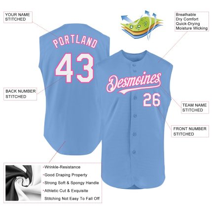 Custom Light Blue White-Pink Sleeveless Baseball Jersey with Personalized Name and Number - Authentic Team Apparel Personalized