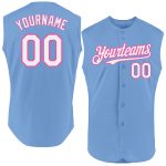 Custom Light Blue White-Pink Sleeveless Baseball Jersey with Personalized Name and Number - Authentic Team Apparel Personalized
