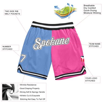 Custom Name Number Authentic Basketball Shorts - Light Blue White-Pink Split Fashion Style Personalized Light Blue White-Pink