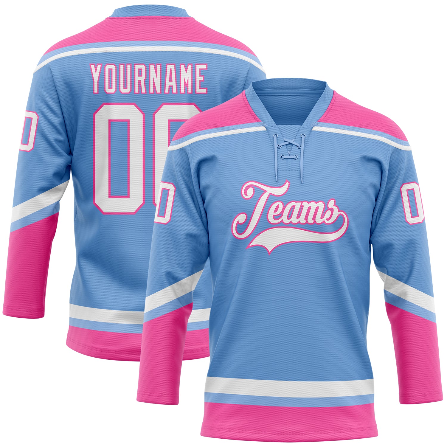 Custom Hockey Lace Neck Jersey - Personalized Light Blue White-Pink with Name and Number Personalized Light Blue White-Pink