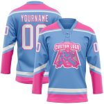 Custom Hockey Lace Neck Jersey - Personalized Light Blue White-Pink with Name and Number Personalized Light Blue White-Pink