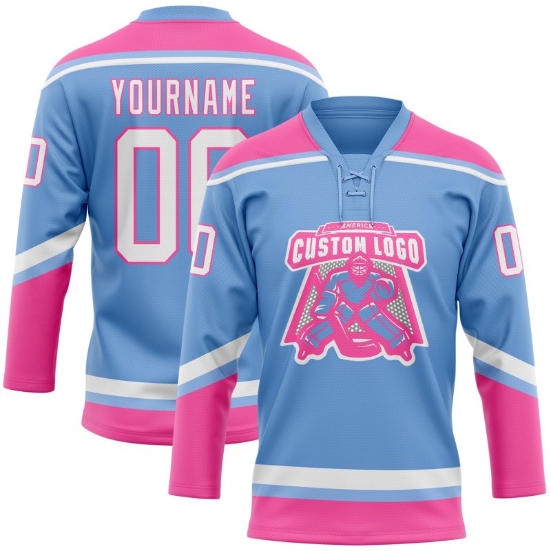 Custom Hockey Lace Neck Jersey - Personalized Light Blue White-Pink with Name and Number Personalized Light Blue White-Pink