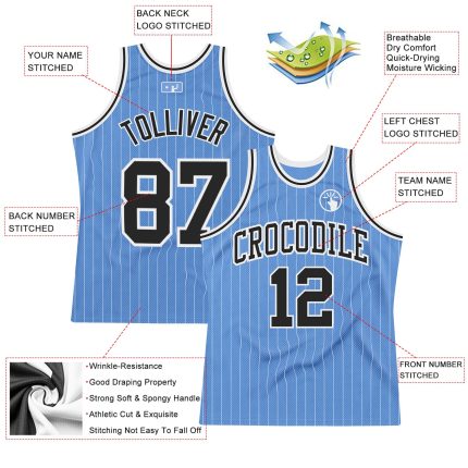 Custom Name Number Authentic Basketball Jersey Light Blue White Pinstripe - Personalized Team Jersey Personalized Light Blue