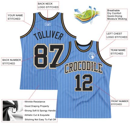 Custom Name and Number Authentic Basketball Jersey Light Blue White Pinstripe Black Old Gold Personalized Light Blue White