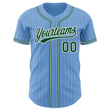 Custom Name and Number Authentic Baseball Jersey Light Blue White Pinstripe Green Personalized Light Blue White Pinstripe