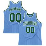 Custom Basketball Jersey - Personalized Light Blue White Pinstripe Design with Green Name & Number Personalized Light Blue