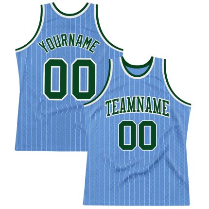 Custom Basketball Jersey - Personalized Light Blue White Pinstripe Design with Green Name & Number Personalized Light Blue