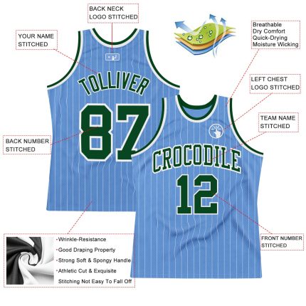 Custom Basketball Jersey - Personalized Light Blue White Pinstripe Design with Green Name & Number Personalized Light Blue