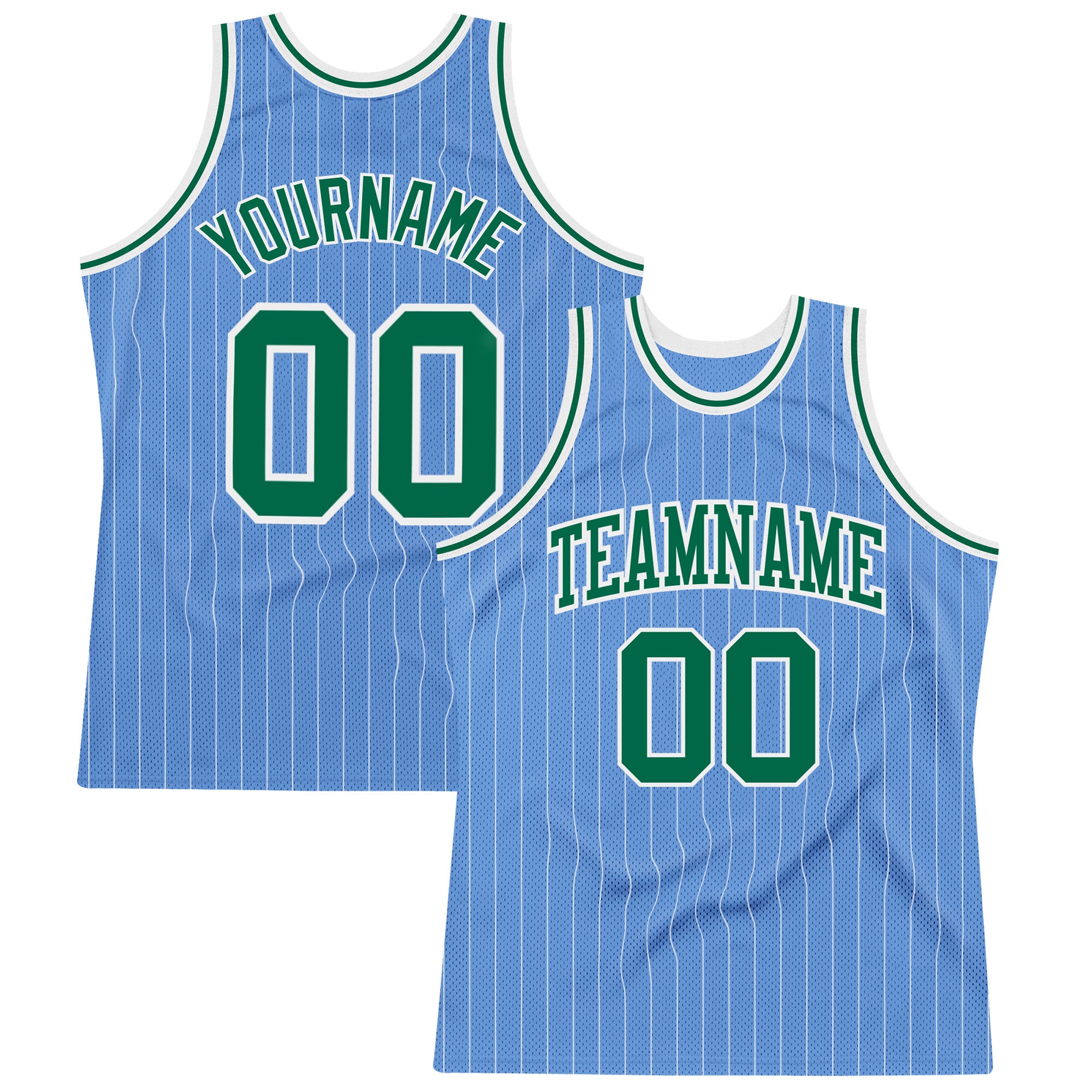 Custom Light Blue White Pinstripe Basketball Jersey with Green Trim - Personalized Name and Number Personalized Light Blue
