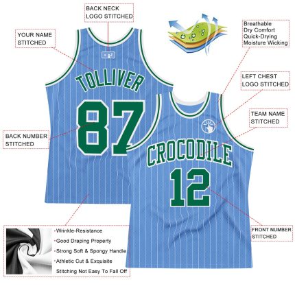 Custom Light Blue White Pinstripe Basketball Jersey with Green Trim - Personalized Name and Number Personalized Light Blue