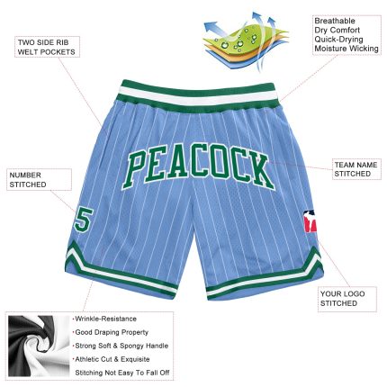 Custom Basketball Shorts with Name & Number - Light Blue White Pinstripe Green-White Authentic Design Personalized Light