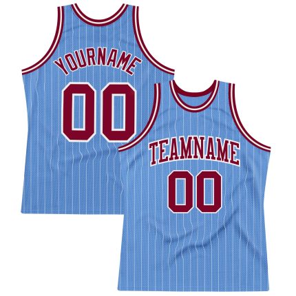 Customizable Maroon Basketball Jersey with Light Blue White Pinstripe, Personalized Name and Number, Authentic Team Gear