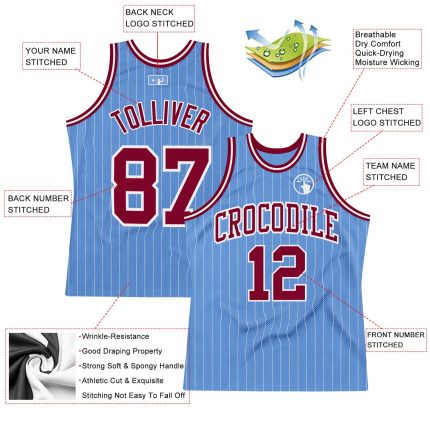 Customizable Maroon Basketball Jersey with Light Blue White Pinstripe, Personalized Name and Number, Authentic Team Gear